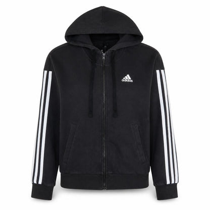 Front view of Adidas women’s black xs full zip hoodie with logo & pockets