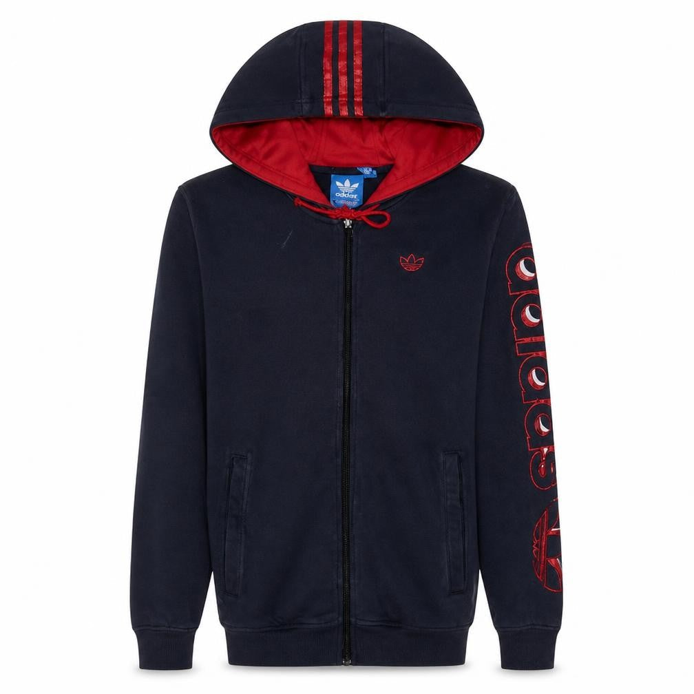 Front view of Adidas Men's Blue XS Full Zip Hoodie with Red Logo Detailing