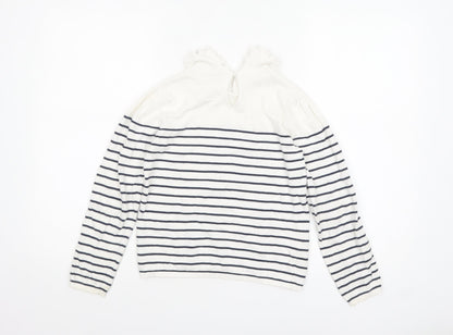 Tape à L’Oeil Girls Ivory Navy Striped Cotton Ruffle Neck Pullover Jumper 10 Years