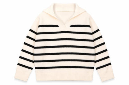 Boohoo Women Ivory Black Striped V-Neck Pullover Jumper Size M