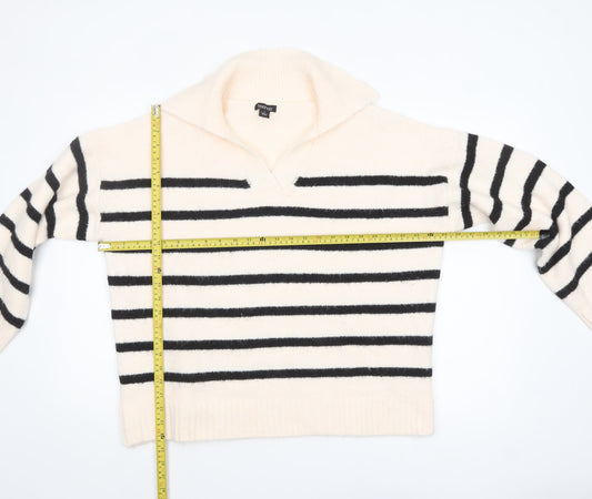 Boohoo Women Ivory Black Striped V-Neck Pullover Jumper Size M