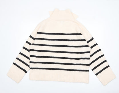 Boohoo Women Ivory Black Striped V-Neck Pullover Jumper Size M