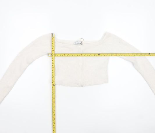 Bershka Women White Full Zip Long Sleeve Boat Neck Jumper Size 12
