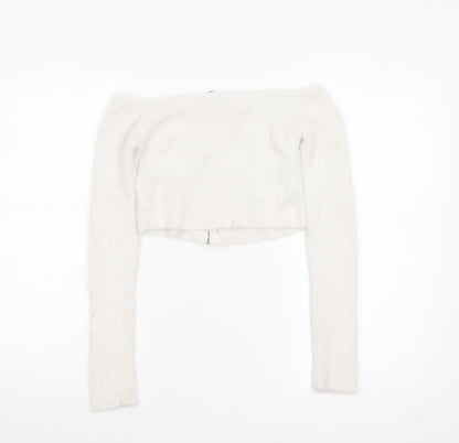 Bershka Women White Full Zip Long Sleeve Boat Neck Jumper Size 12