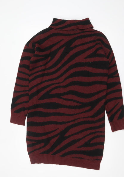 Brave Soul Womens Red & Black Animal Print Roll Neck Jumper Size S