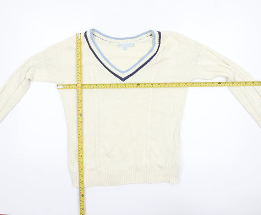 Joe Browns Womens Ivory V-Neck Cable-Knit Jumper Size 10 Cotton