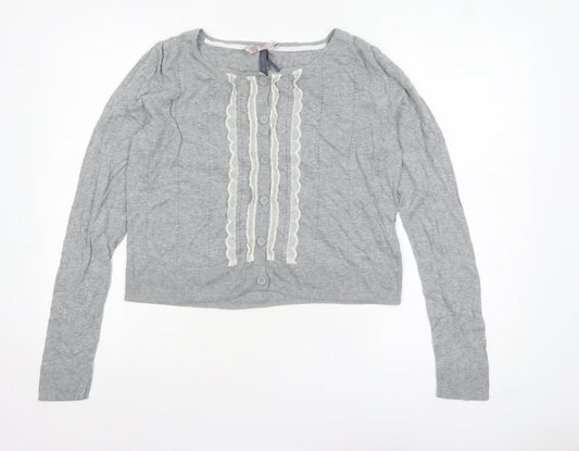 Next Women’s Grey Cotton Cardigan Size 18 Long Sleeve Ruffle Trim