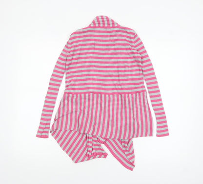 Marks and Spencer Girls Pink Grey Striped Cardigan 9-10 Years Acrylic Cotton