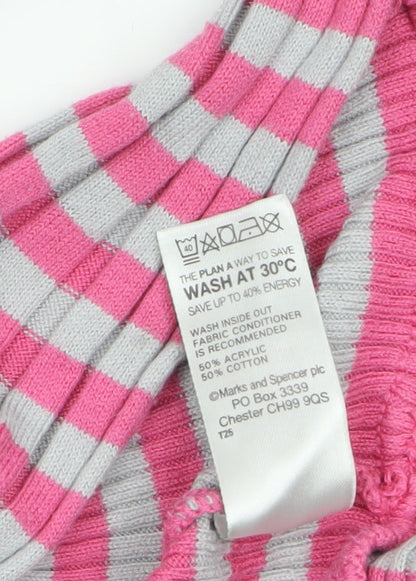 Marks and Spencer Girls Pink Grey Striped Cardigan 9-10 Years Acrylic Cotton
