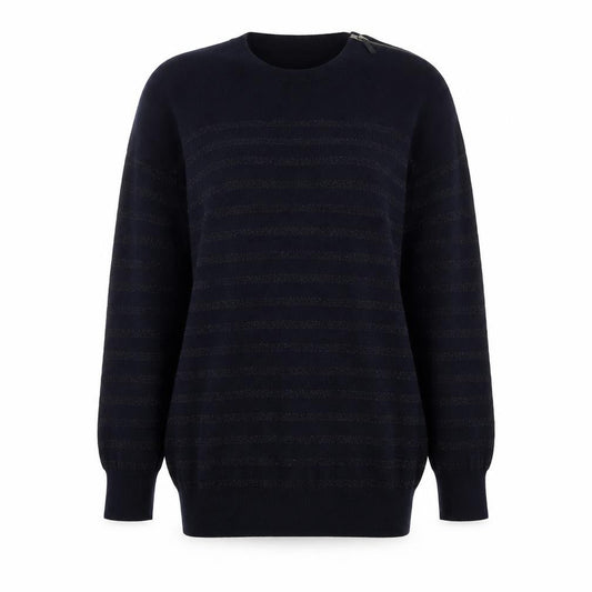 The White Company Women's Black Merino Wool Striped Crew Neck Jumper Size M