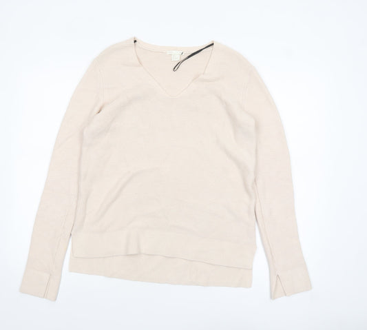 BASIC Women Beige V-Neck Pullover Jumper Size S Cotton Blend