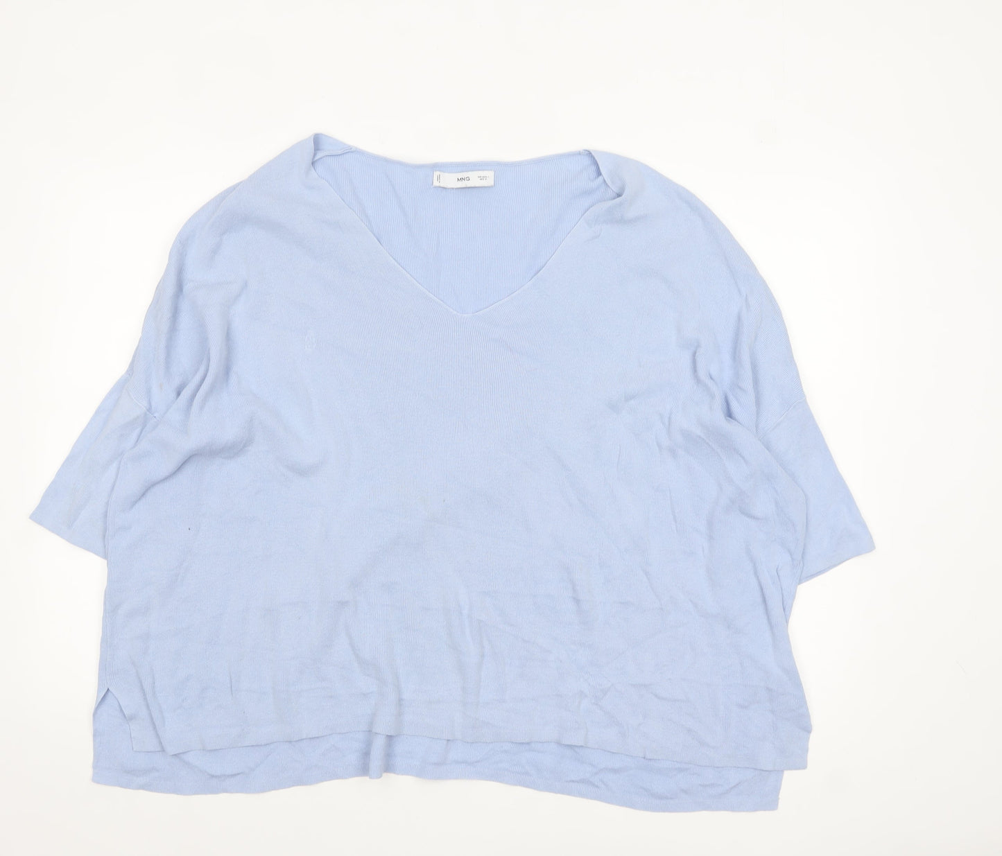 MNG Women's Blue Cotton V-Neck Relaxed Pullover Jumper Size L