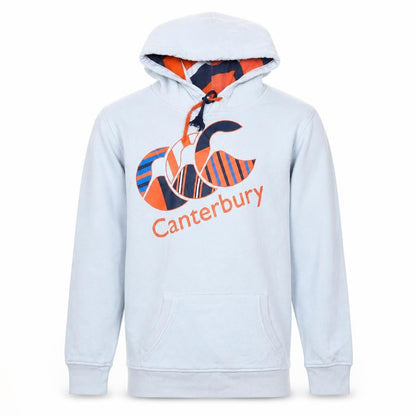 Front view of Canterbury boys’ white hooded pullover sweatshirt, size 14, years uglies logo