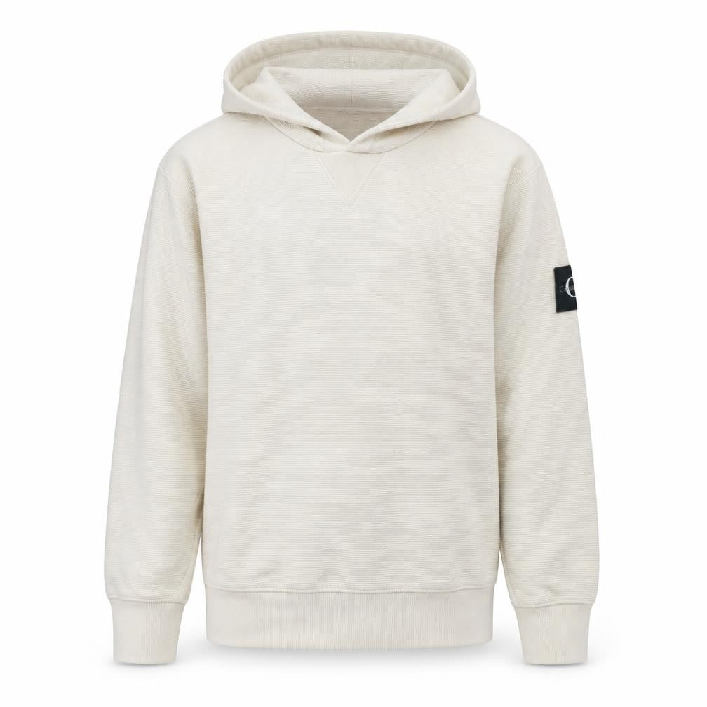 Front view of Calvin Klein Jeans boys’ beige pullover hoodie, size 14, years logo sleeve