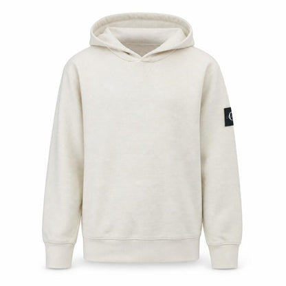 Front view of Calvin Klein Jeans boys’ beige pullover hoodie, size 14, years logo sleeve