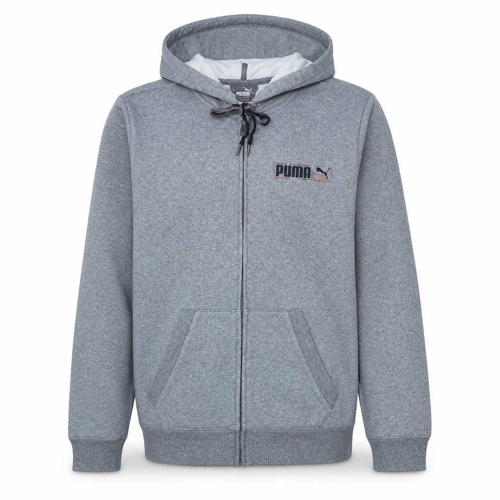 Front view of Puma Men's Grey Full Zip Hoodie, size L, Regular Fit Sportswear