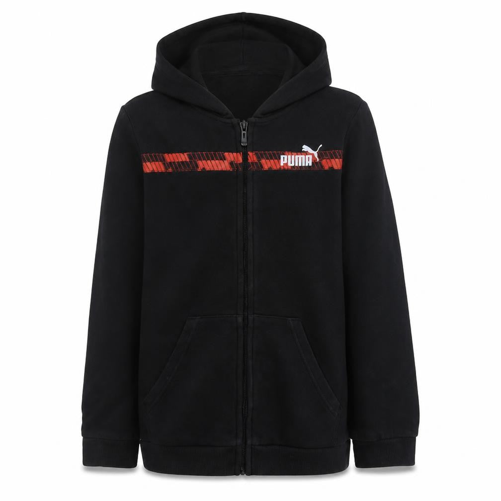 Front view of Puma boys’ black full zip fleece hoodie 16 years sports logo sweatshirt