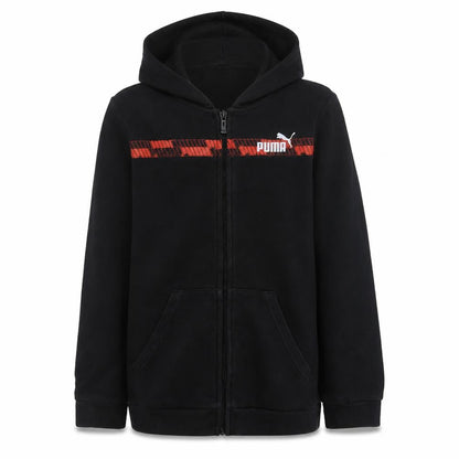 Front view of Puma boys’ black full zip fleece hoodie 16 years sports logo sweatshirt