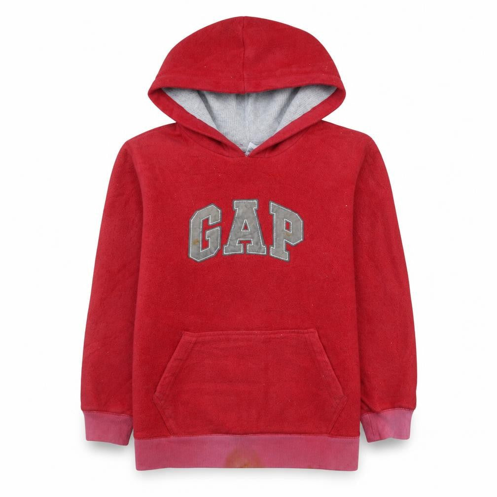 Front view of Gap boys’ red fleece pullover hoodie, size 12, years warm logo sweatshirt