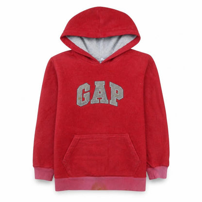 Front view of Gap boys’ red fleece pullover hoodie, size 12, years warm logo sweatshirt