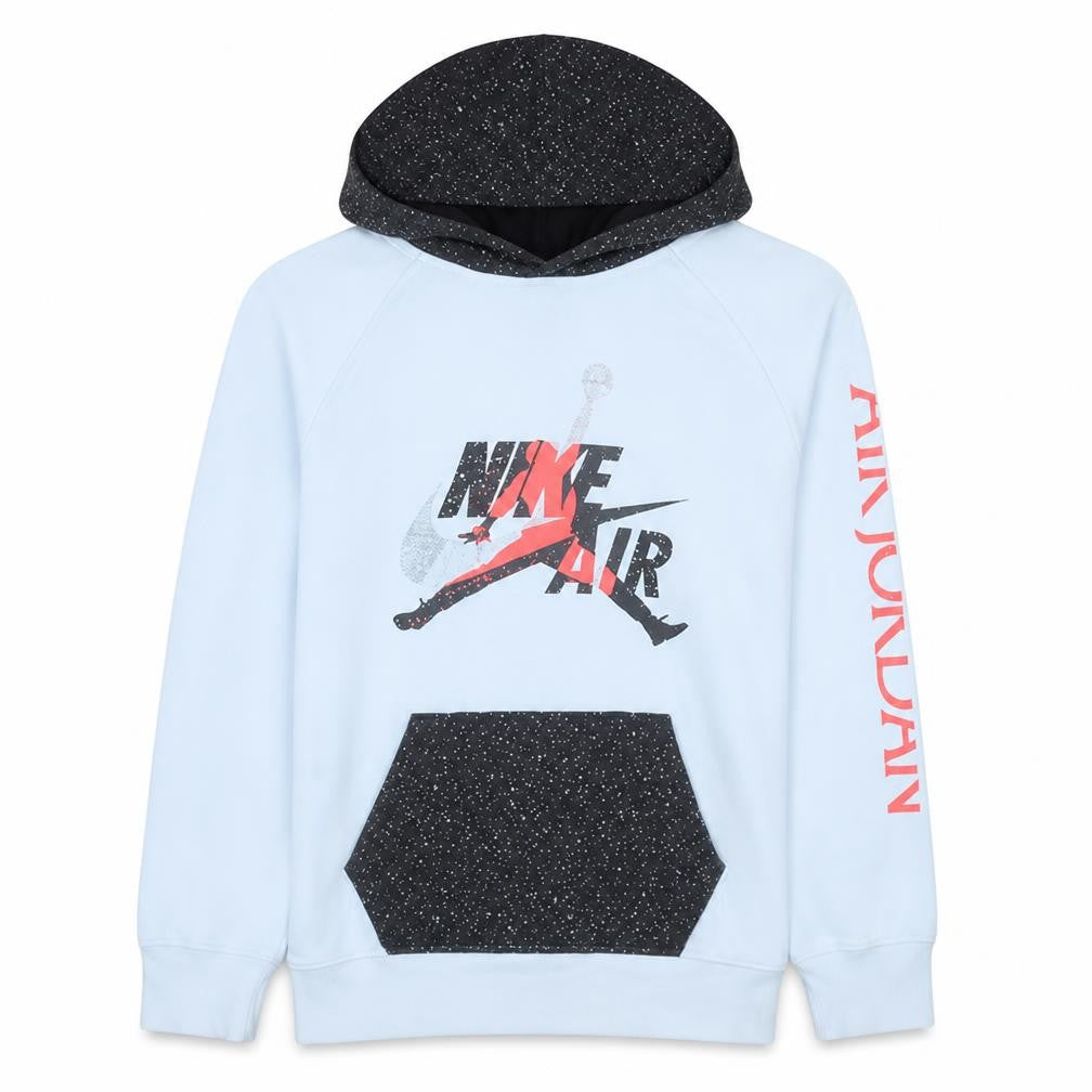Front view of Nike boys’ white air jordan pullover hoodie 12-13 years graphic fleece