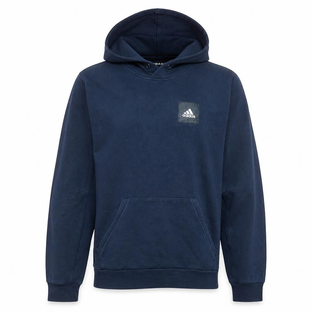 Front view of Adidas Men's Blue Pullover Hoodie, size S, Sports Fleece Sweatshirt