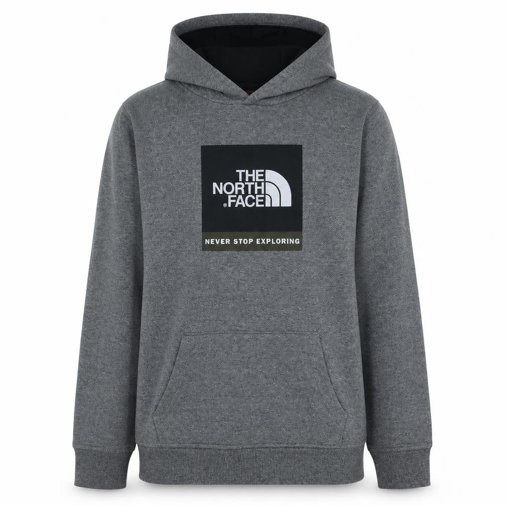 Front view of The North Face boys’ grey pullover hoodie xl fleece logo sweatshirt