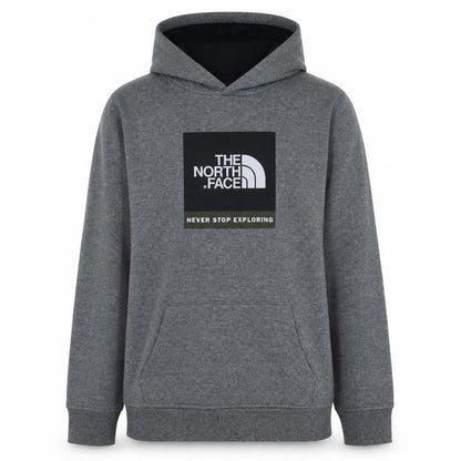 Front view of The North Face boys’ grey pullover hoodie xl fleece logo sweatshirt
