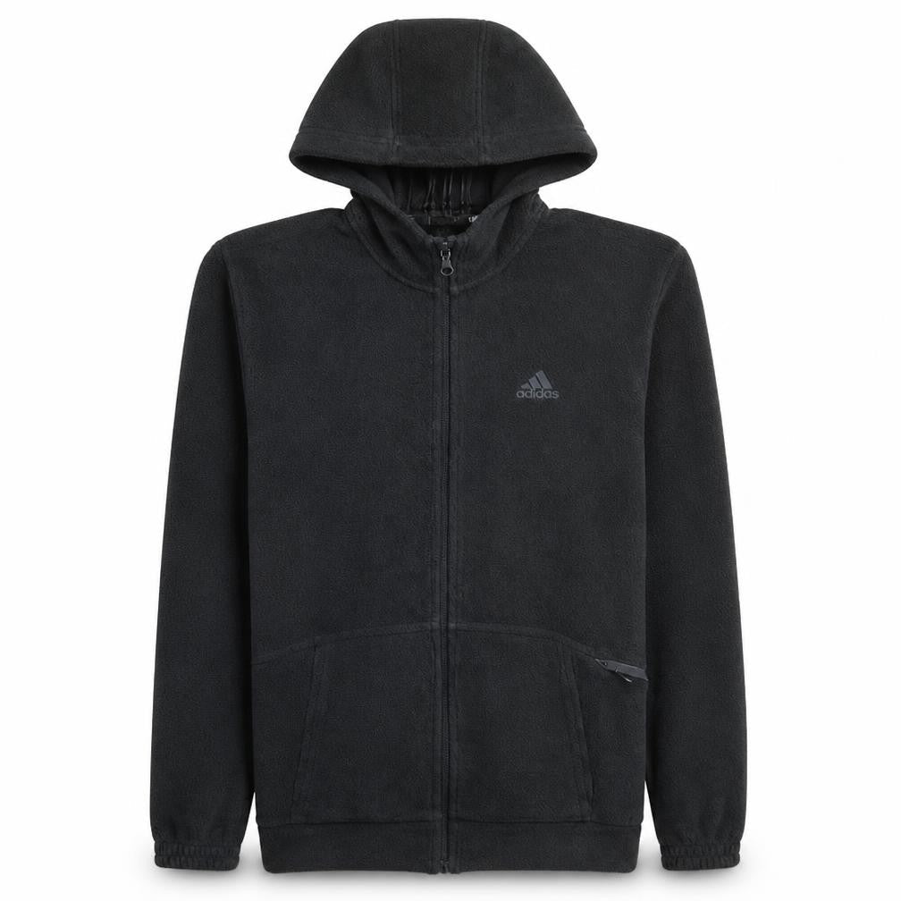 Front view of Adidas Men Black Full Zip Hoodie Fleece, size S, Classic Sportswear