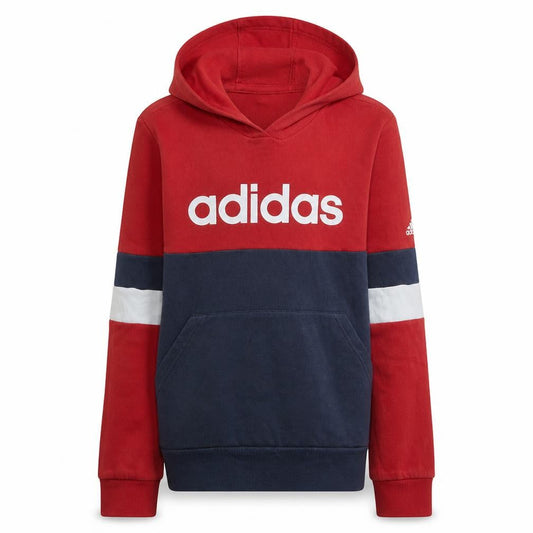 Front view of Adidas boys’ red & navy pullover hoodie 15-16 years colourblock logo sweatshirt