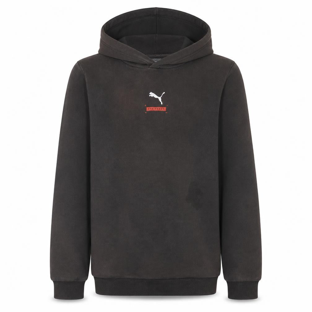 Front view of Puma boys’ black 13-14 years pullover hoodie cotton fleece sportswear
