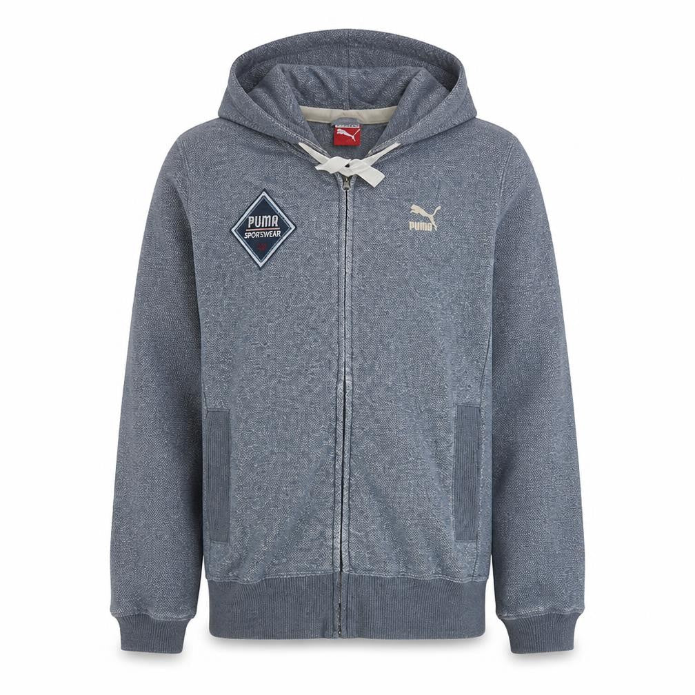 Front view of Puma men’s grey full zip hoodie, size L, sports fleece sweatshirt
