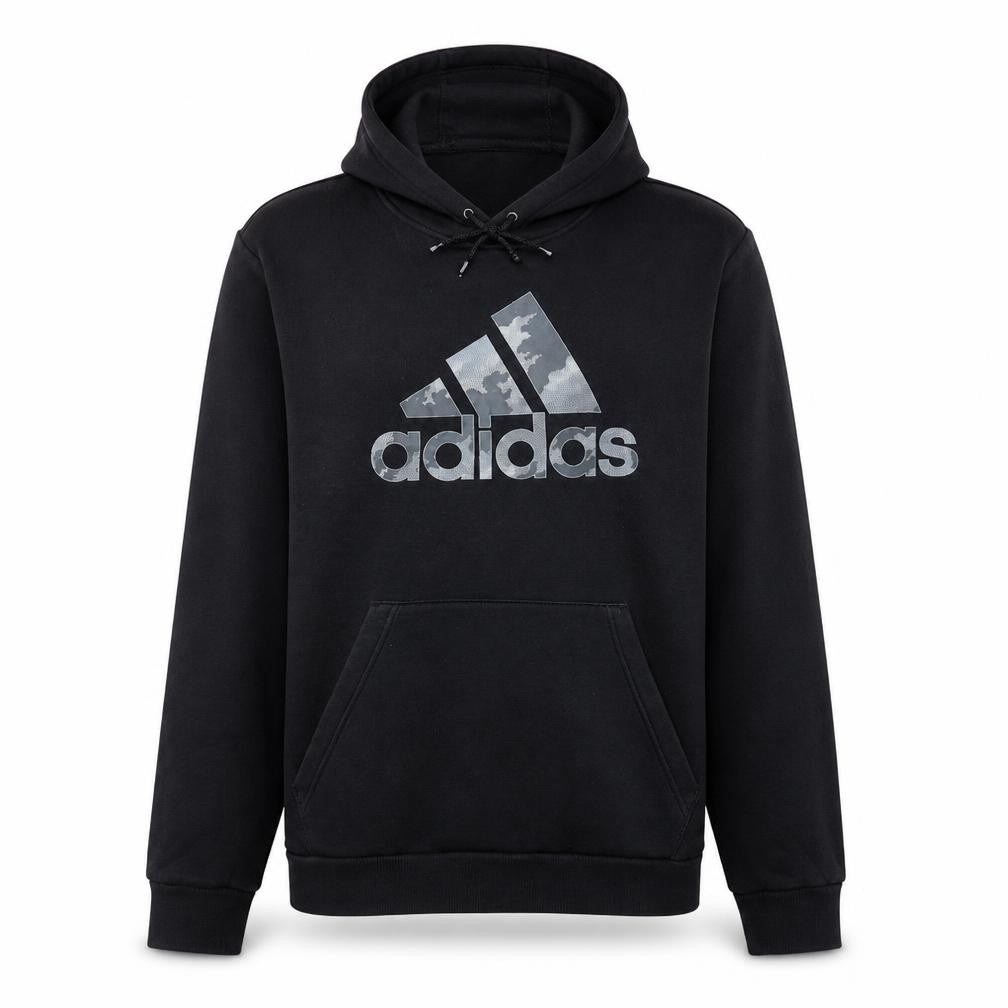 Front view of Adidas men’s black pullover hoodie, size L, logo sports fleece sweatshirt