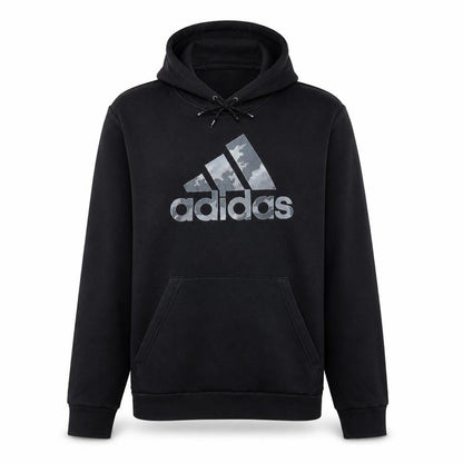 Front view of Adidas men’s black pullover hoodie, size L, logo sports fleece sweatshirt