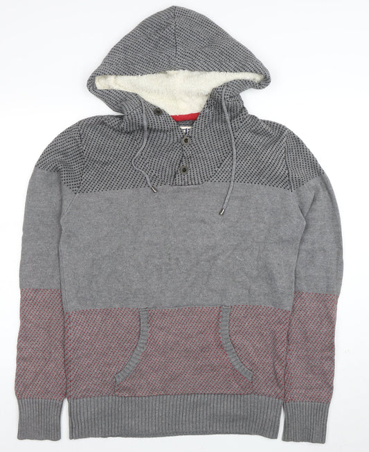 Density Jeans Men's Grey Cotton Hooded Henley Jumper Size L