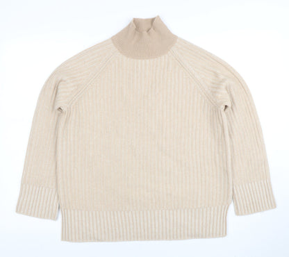 Jaeger Women Beige Wool Cashmere Roll Neck Rib Jumper Size S