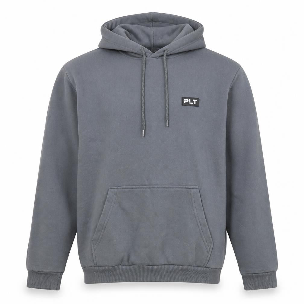 Front view of PRETTYLITTLETHING unisex grey pullover hoodie, size XS, fleece logo