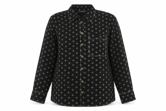Front view of Red Herring women’s black geometric long sleeve button-up shirt, size UK 14