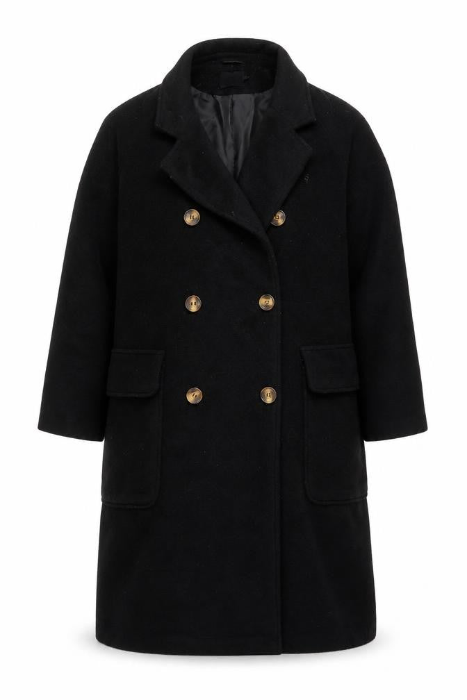 Boohoo Women's Black Long Pea Coat UK 10 Double Breasted Polyester