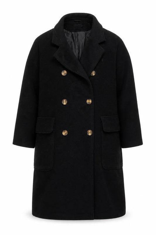 Boohoo Women's Black Long Pea Coat UK 10 Double Breasted Polyester