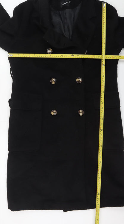 Boohoo Women's Black Long Pea Coat UK 10 Double Breasted Polyester