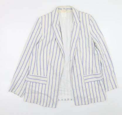 H&M Women Beige Striped Linen Blend Blazer Jacket Size 14