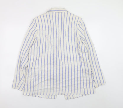 H&M Women Beige Striped Linen Blend Blazer Jacket Size 14