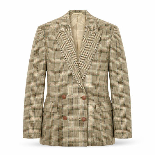 Front view of Betty Barclay Women's Beige Check Wool Blazer Jacket, size 42, Classic Fit