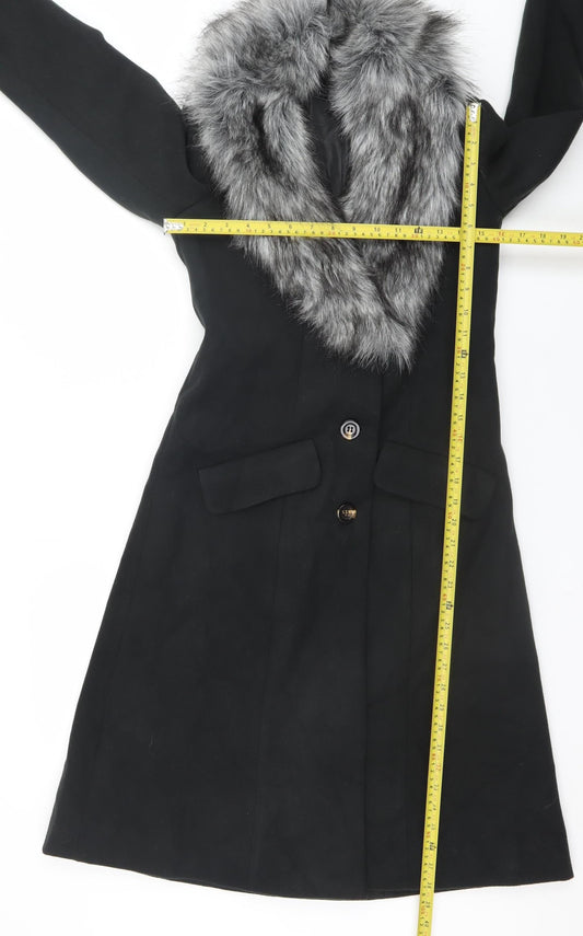 bpc selection Women Black Faux Fur Collar Long Overcoat Size 10