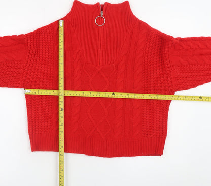Brave Soul Women's Red Cable-Knit High Neck Zip Jumper Size 12