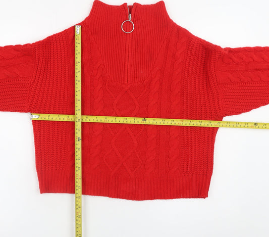 Brave Soul Women's Red Cable-Knit High Neck Zip Jumper Size 12