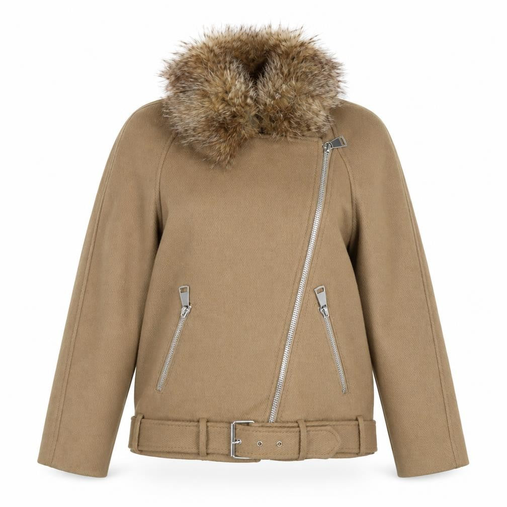 H&M Women Beige Wool Blend Biker Jacket Size 8 with Fur Collar
