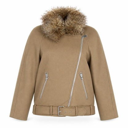 H&M Women Beige Wool Blend Biker Jacket Size 8 with Fur Collar