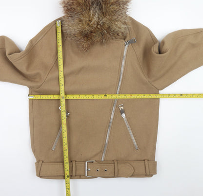 H&M Women Beige Wool Blend Biker Jacket Size 8 with Fur Collar